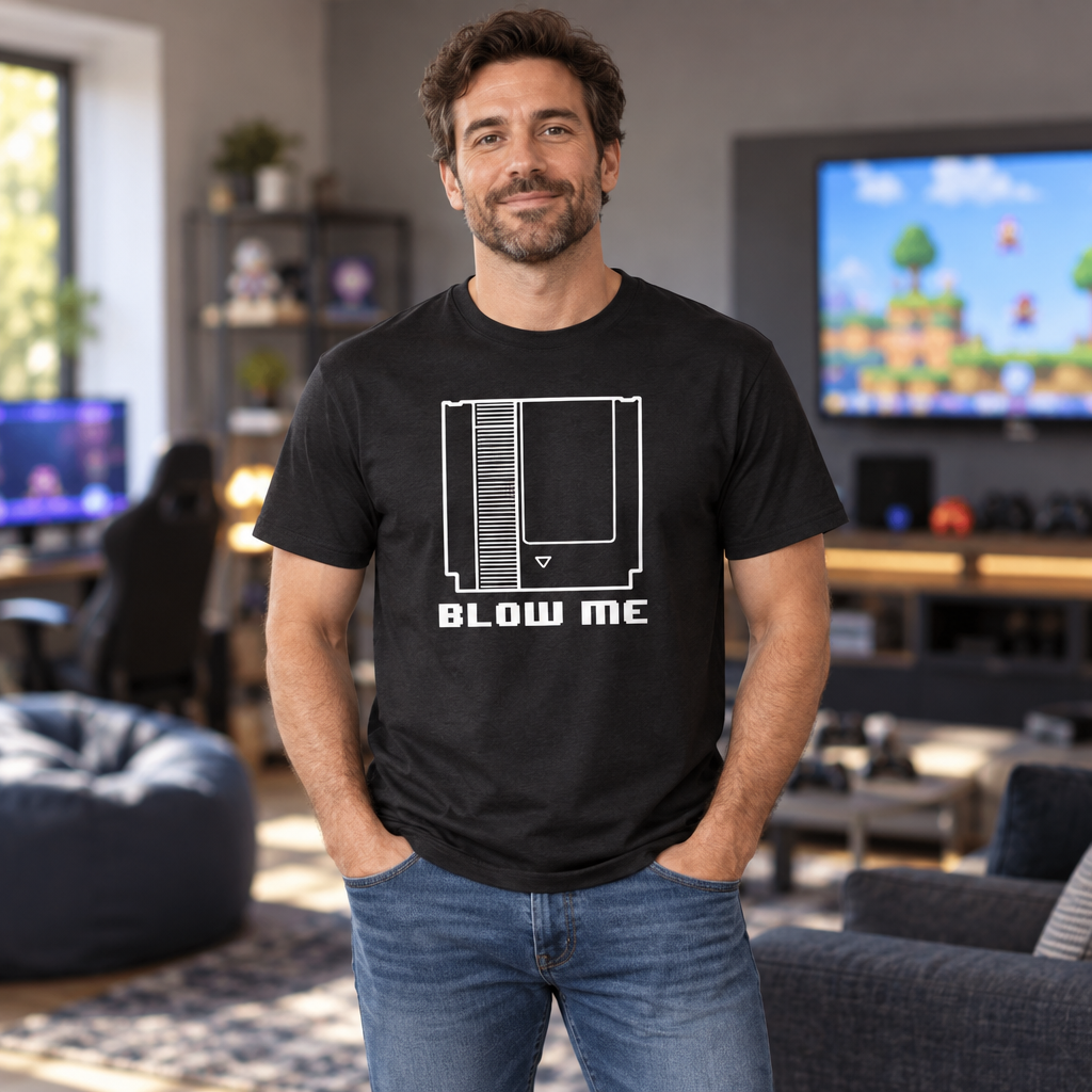 Blow Me Game Cartridge — Black T-Shirt — lifestyle hero
