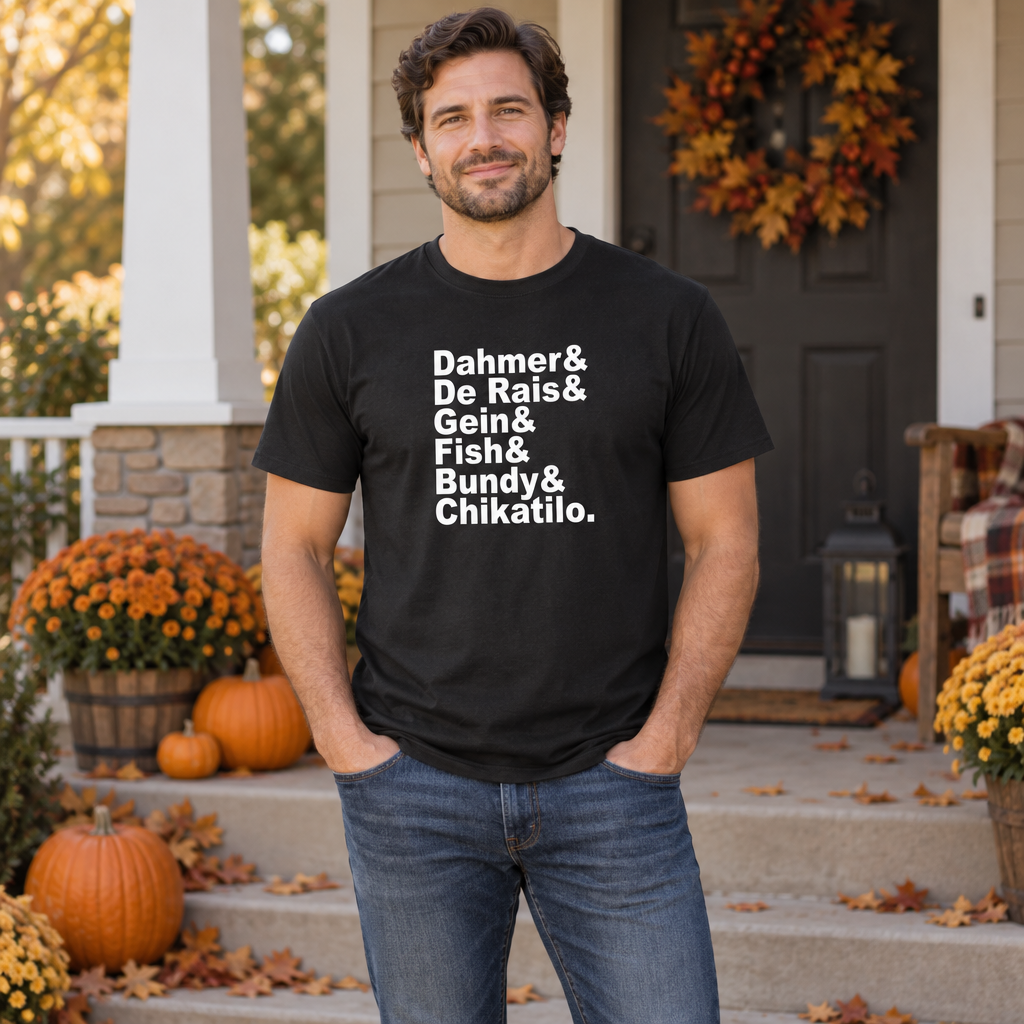 Serial Killer Names — Black T-Shirt — lifestyle hero