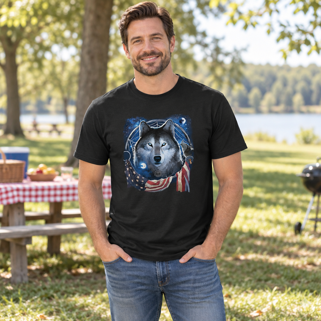 Wolf Dream Flag — Black T-Shirt — lifestyle hero
