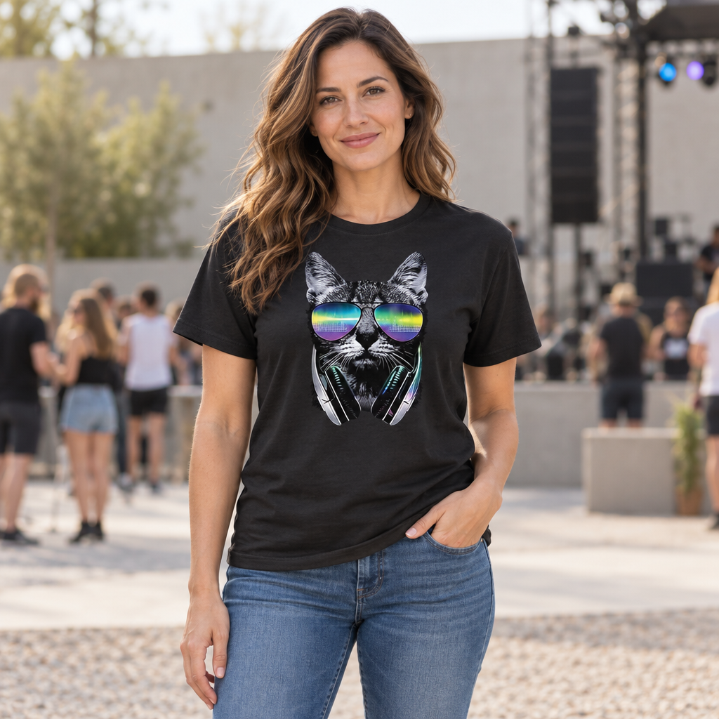 Neon DJ Cat — Black T-Shirt — lifestyle hero