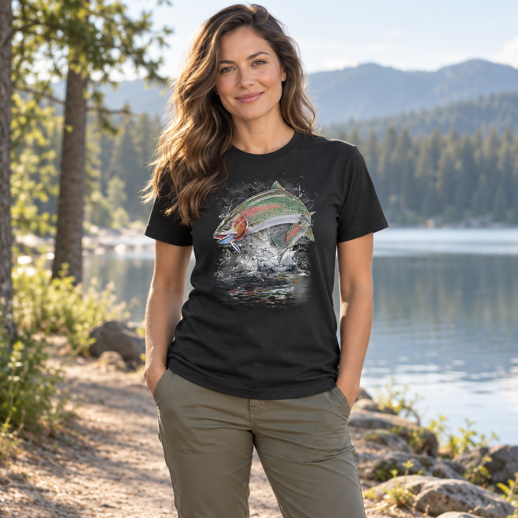 Jumping Rainbow Trout — Black T-Shirt — lifestyle hero