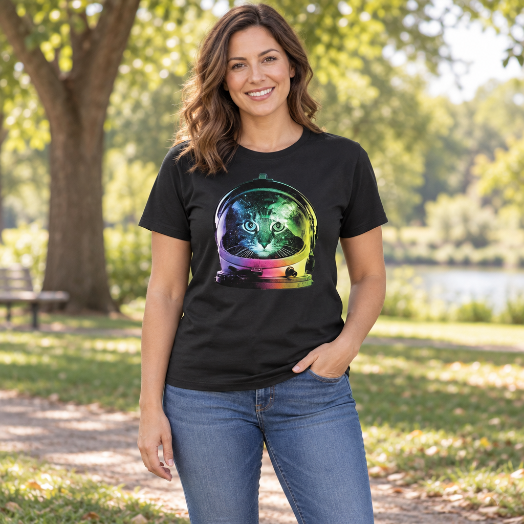 Neon Space Cat — Black T-Shirt — lifestyle hero