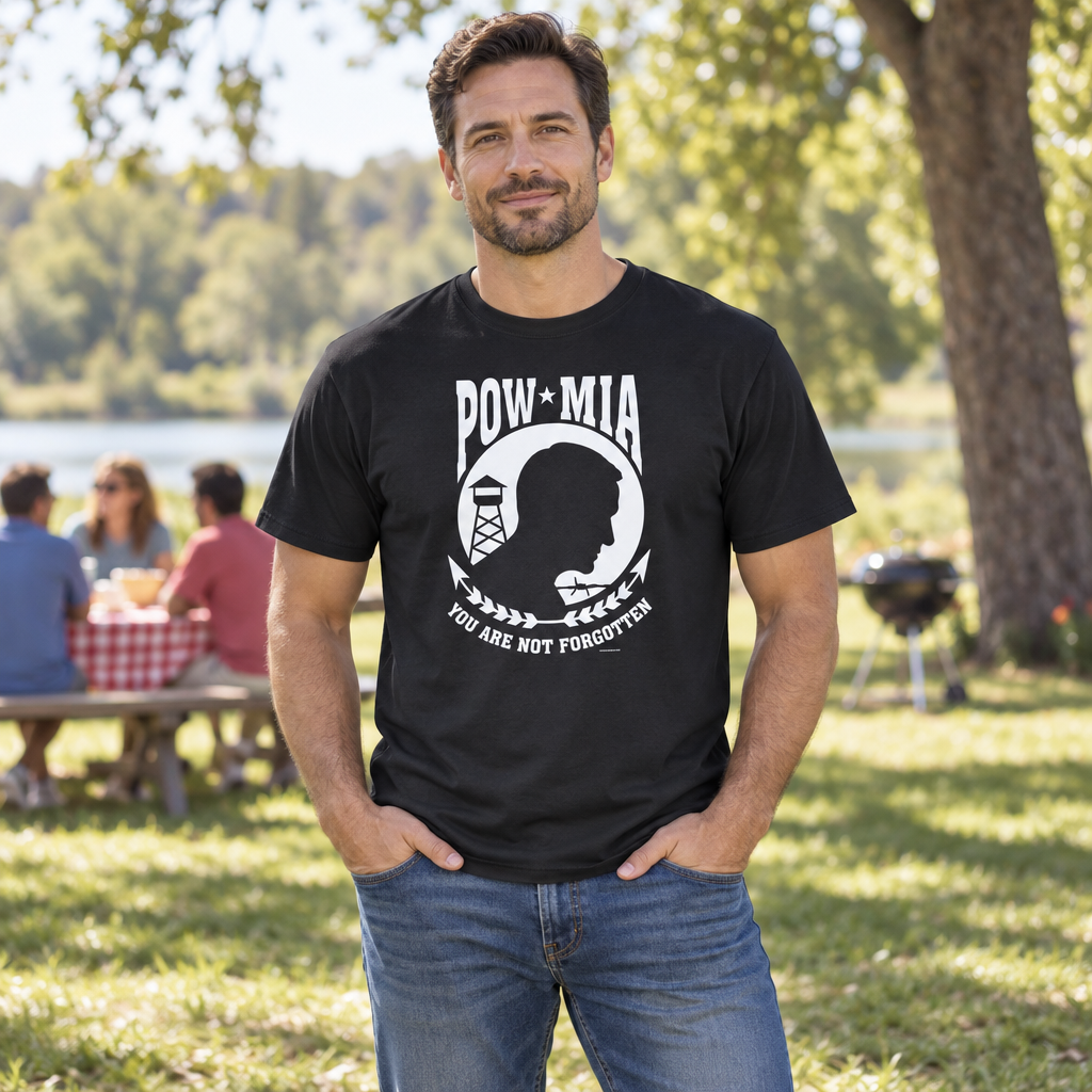 POW MIA You Are Not Forgotten — Black T-Shirt — lifestyle hero