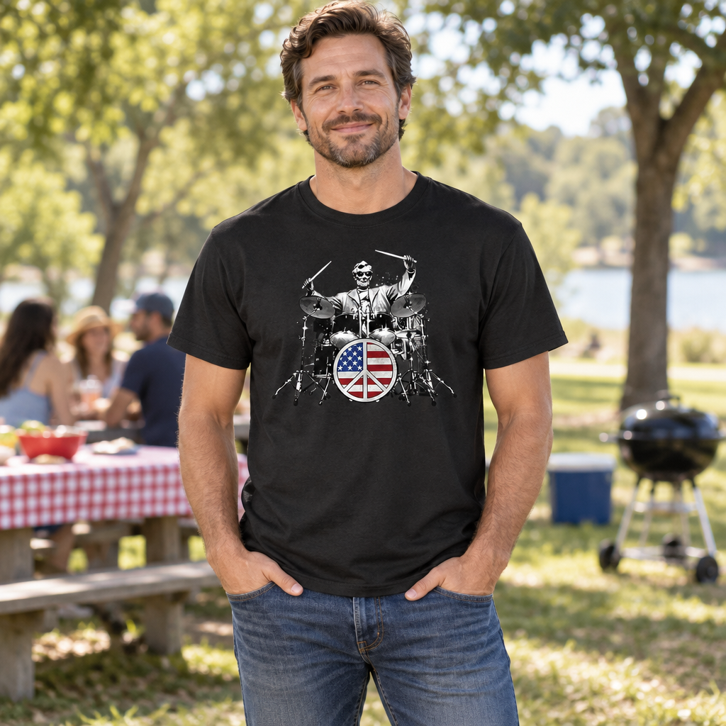 Lincoln on Drums — Black T-Shirt — lifestyle hero