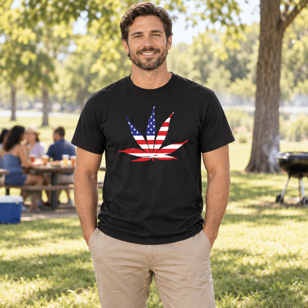 American Flag Cannabis Leaf — Black T-Shirt — lifestyle hero