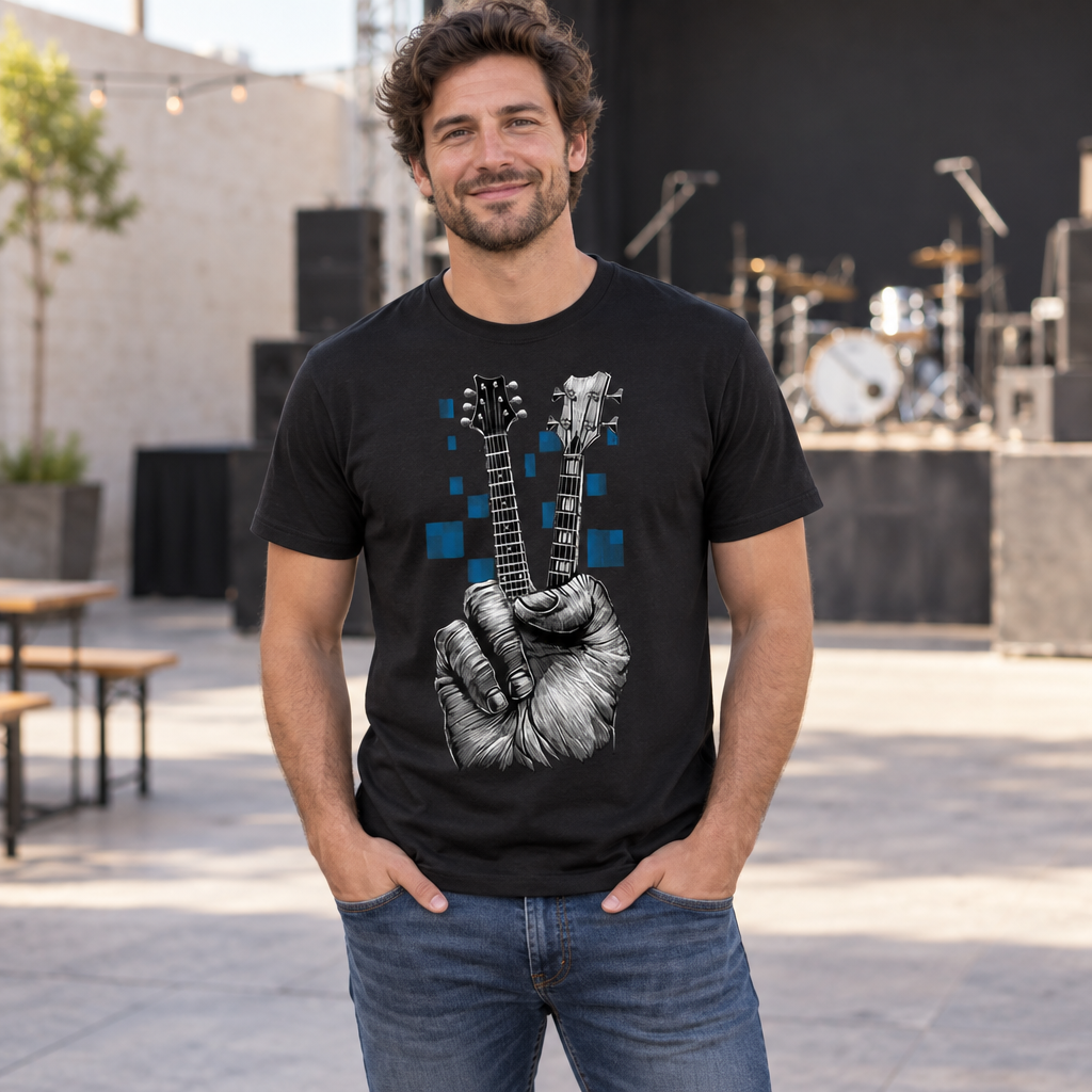 Guitar Peace Fingers — Black T-Shirt — lifestyle hero