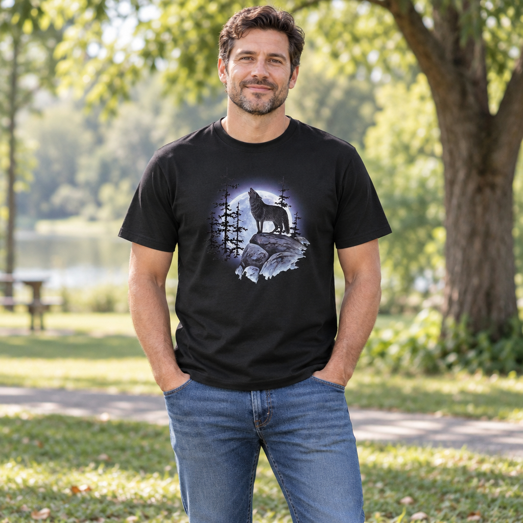 Howling Wolf Moon — Black T-Shirt — lifestyle hero