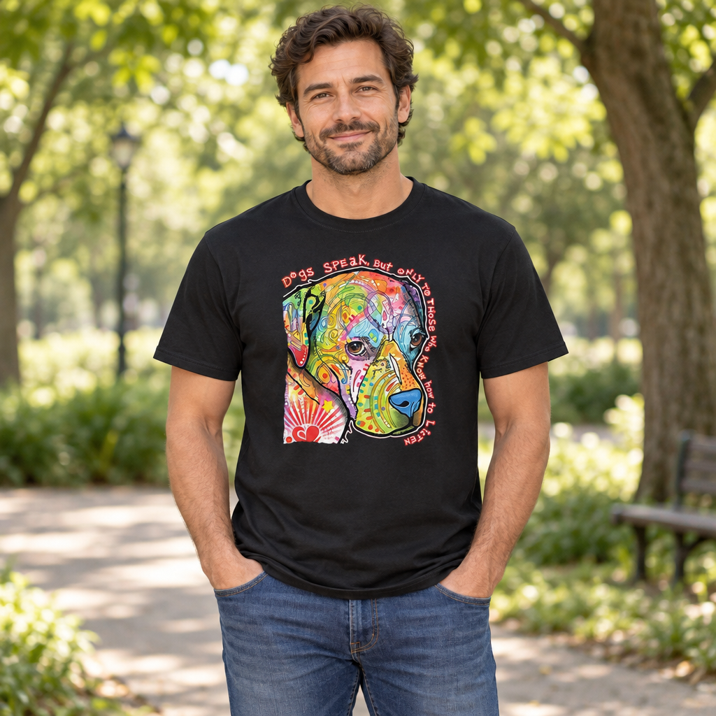 Dogs Speak to Those Who Listen — Black T-Shirt — lifestyle hero