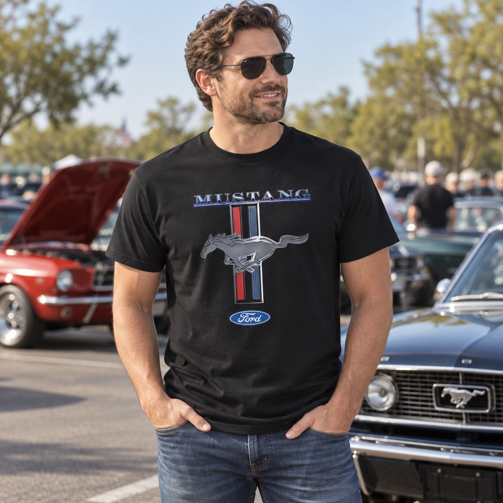 Ford Mustang Pony Stripe — Black T-Shirt — lifestyle hero