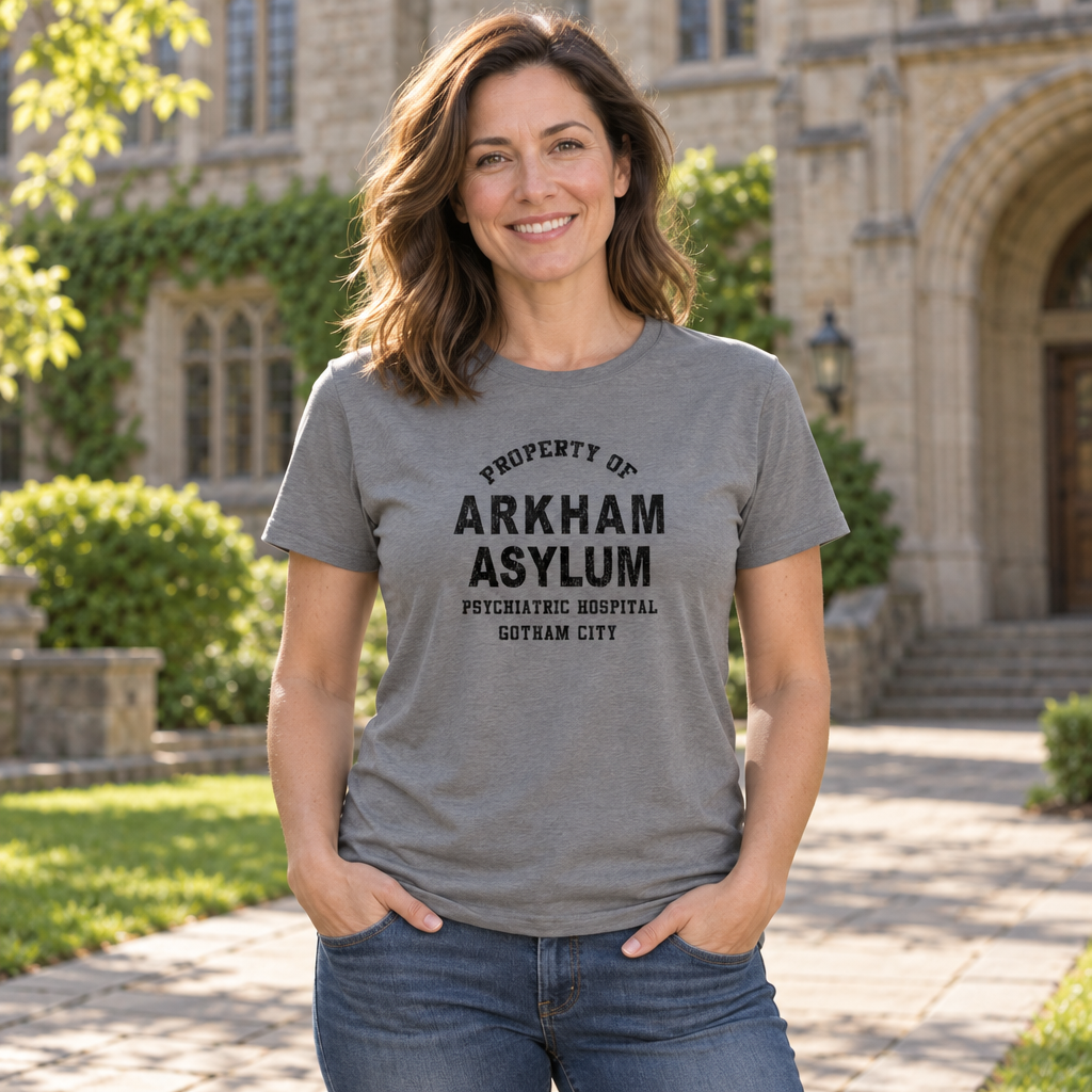 Arkham Asylum Collegiate Lettering — Charcoal T-Shirt — lifestyle alt