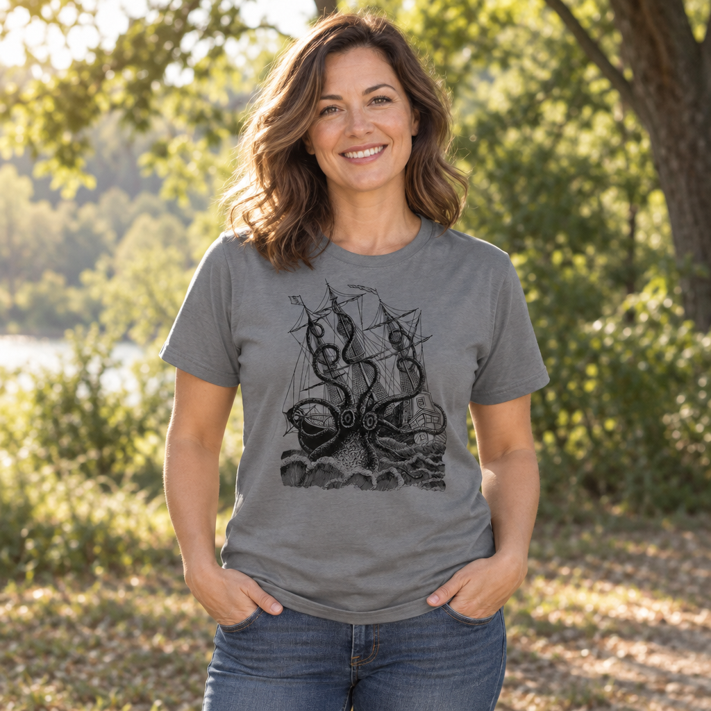 Kraken and Sailing Ship — Charcoal T-Shirt — lifestyle alt