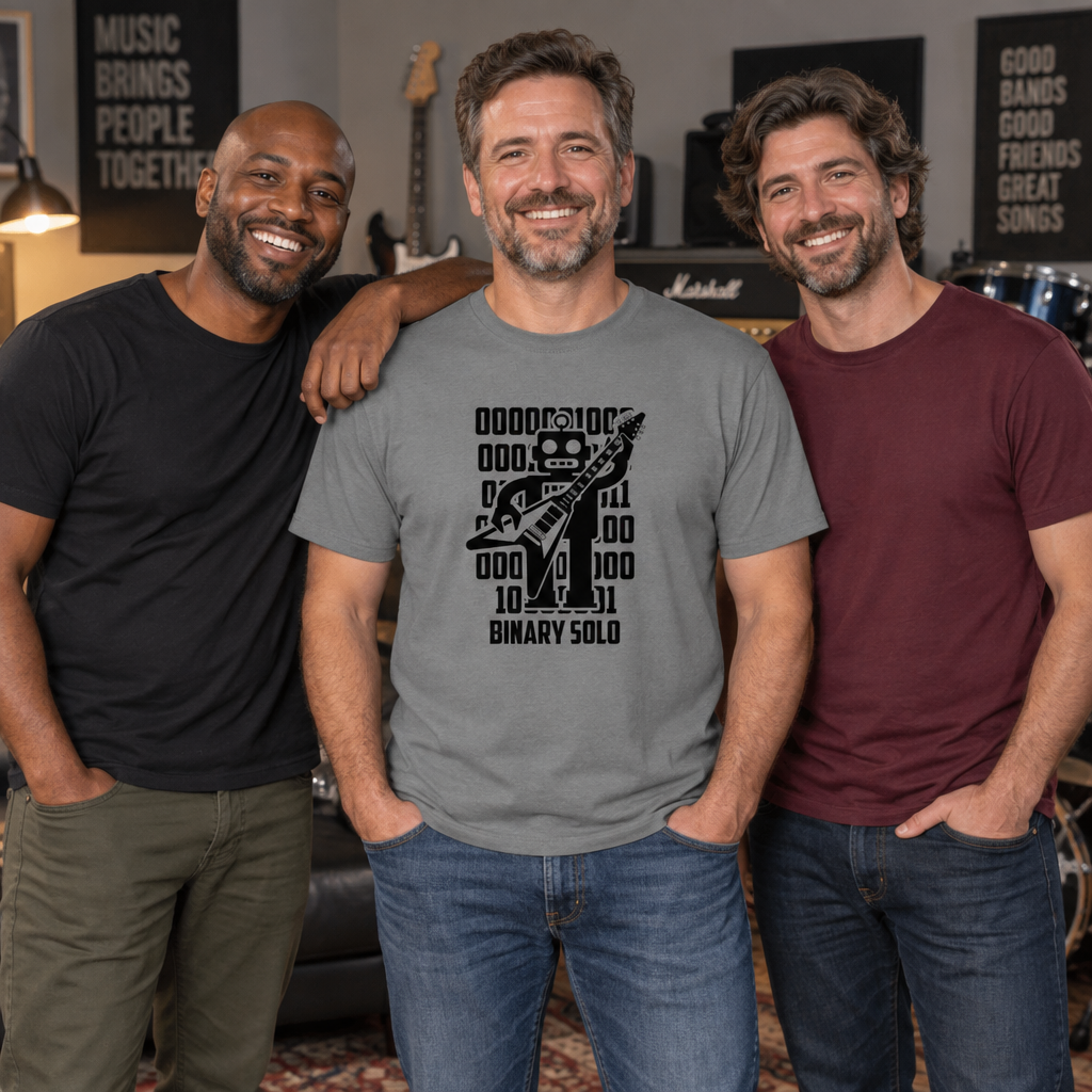 Binary Solo Robot Guitar — Charcoal T-Shirt — lifestyle group