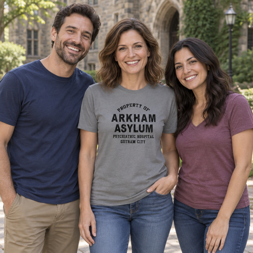 Arkham Asylum Collegiate Lettering — Charcoal T-Shirt — lifestyle group