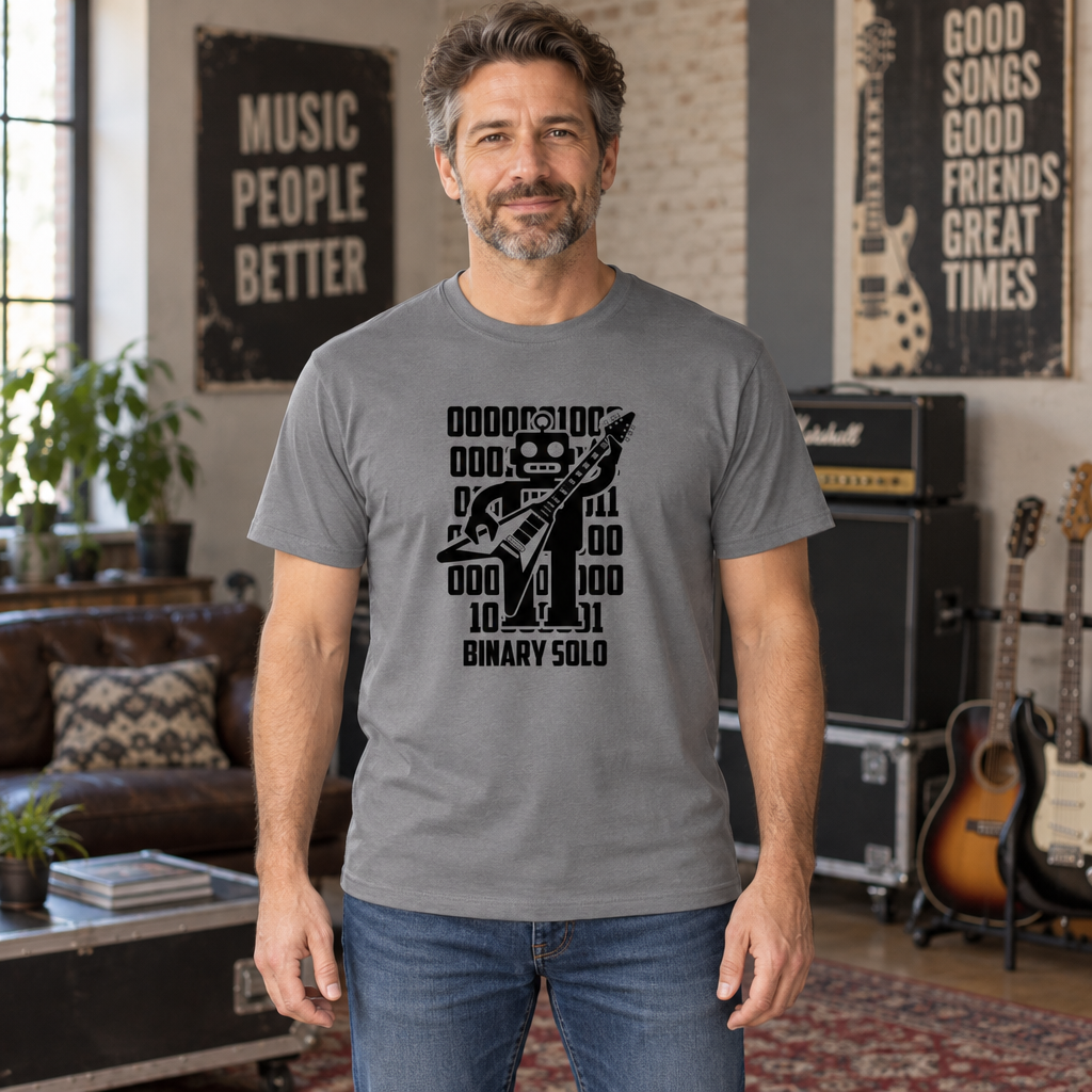 Binary Solo Robot Guitar — Charcoal T-Shirt — lifestyle hero