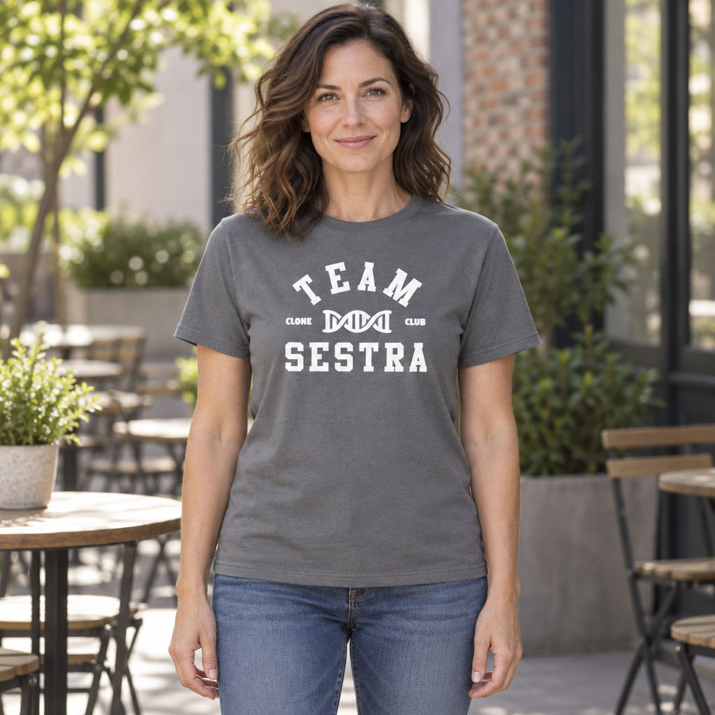 Team Sestra Clone Club — Charcoal T-Shirt — lifestyle hero