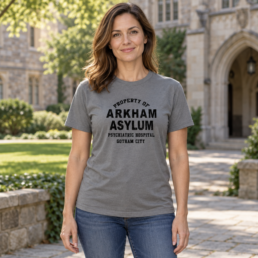 Arkham Asylum Collegiate Lettering — Charcoal T-Shirt — lifestyle hero