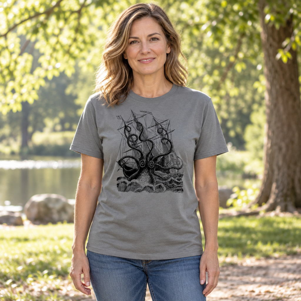 Kraken and Sailing Ship — Charcoal T-Shirt — lifestyle hero
