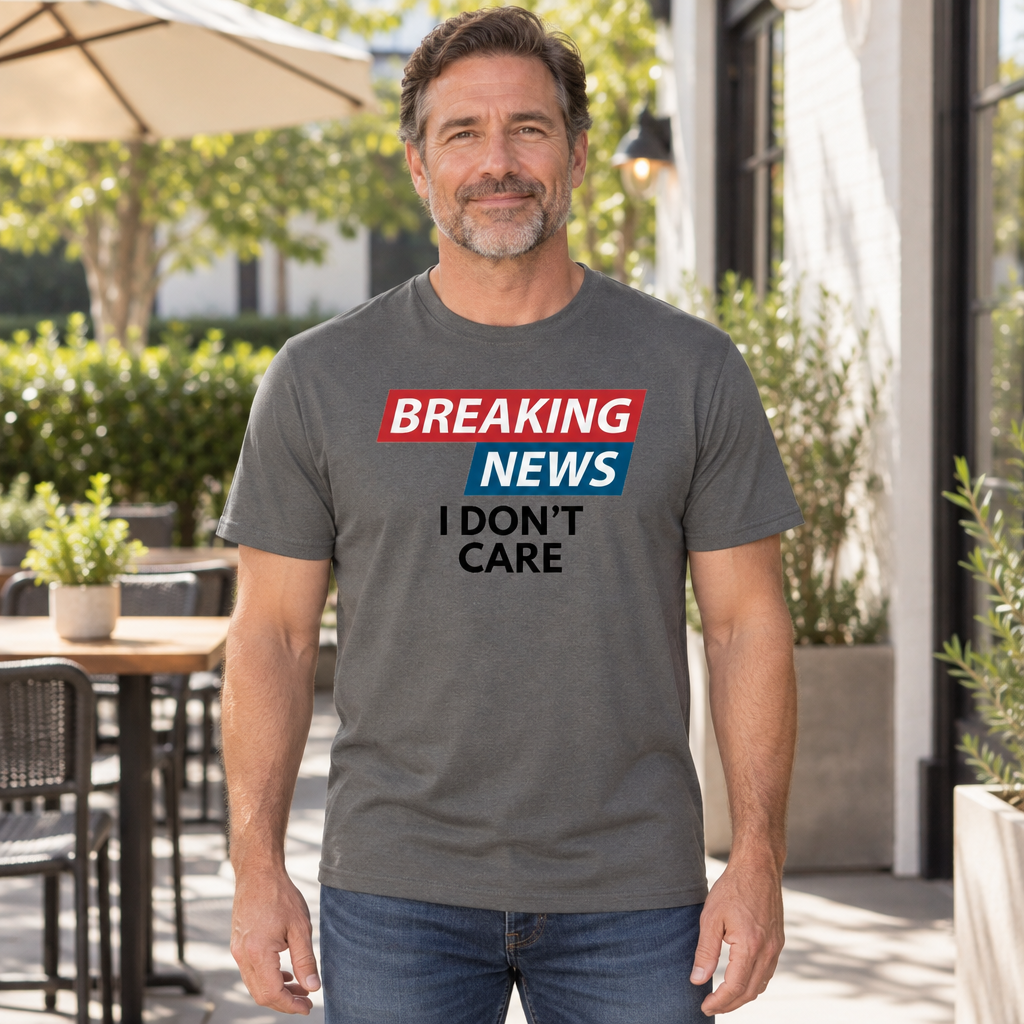 Breaking News I Don't Care — Charcoal T-Shirt — lifestyle hero