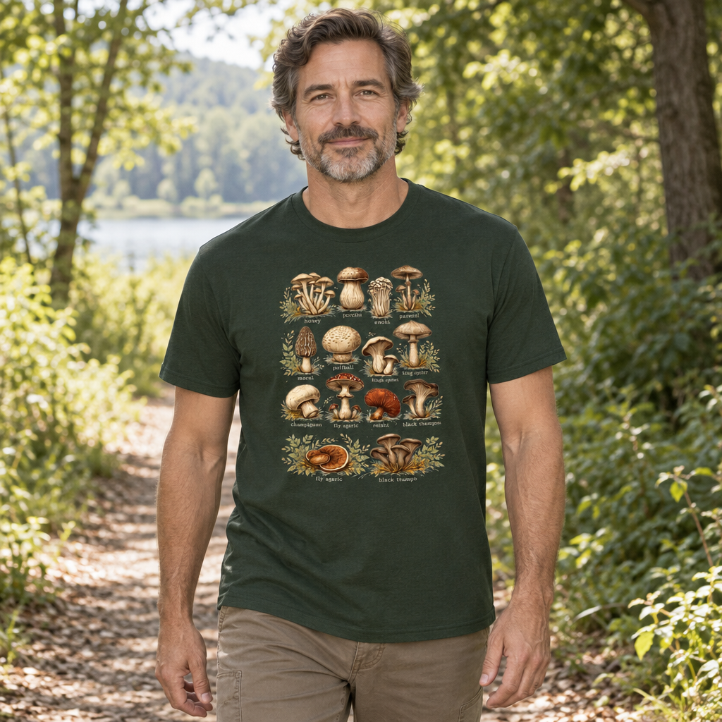 Mushroom Forager — Forest Green T-Shirt — lifestyle hero