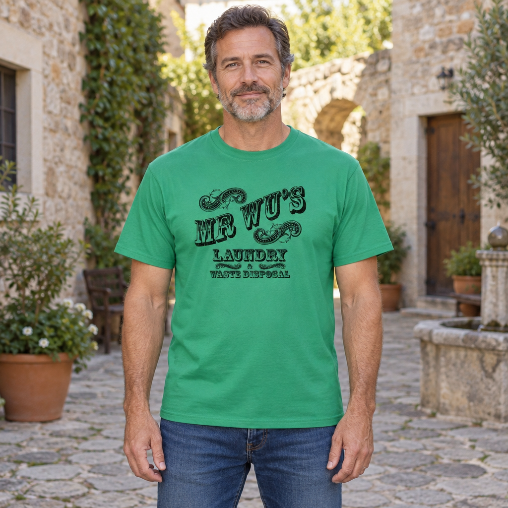 Mr Wu's Laundry Service — Green T-Shirt — lifestyle hero