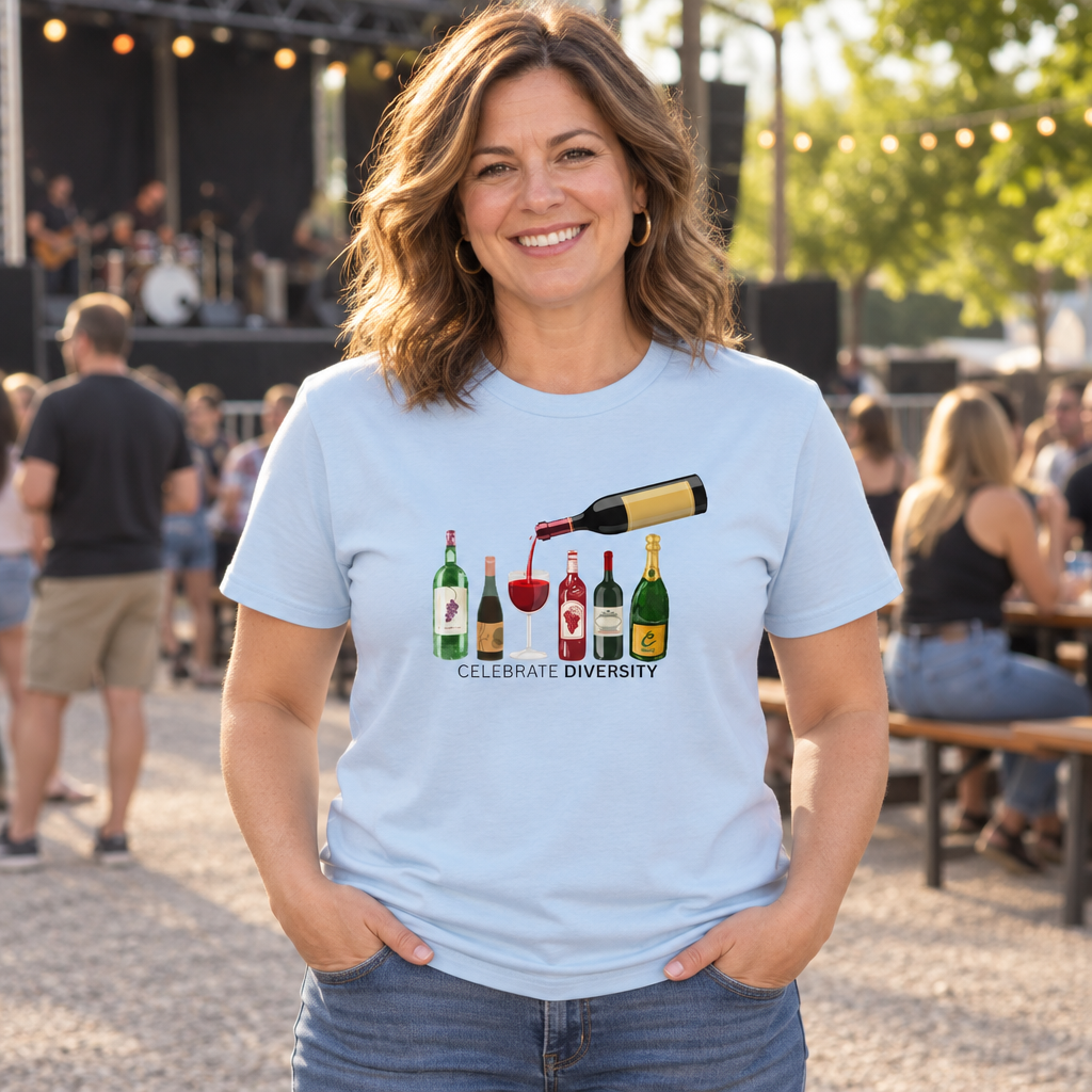 Celebrate Diversity Wine Bottles — Light Blue T-Shirt — lifestyle alt