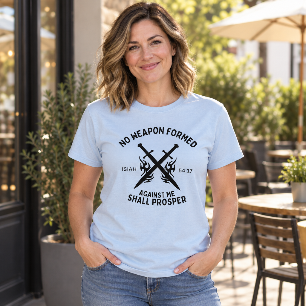 No Weapon Formed Against Me Shall Prosper Christian — Light Blue T-Shirt — lifestyle alt
