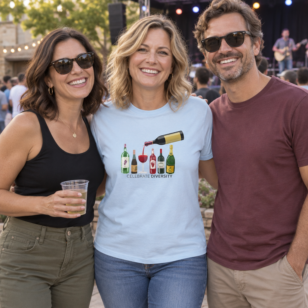 Celebrate Diversity Wine Bottles — Light Blue T-Shirt — lifestyle group