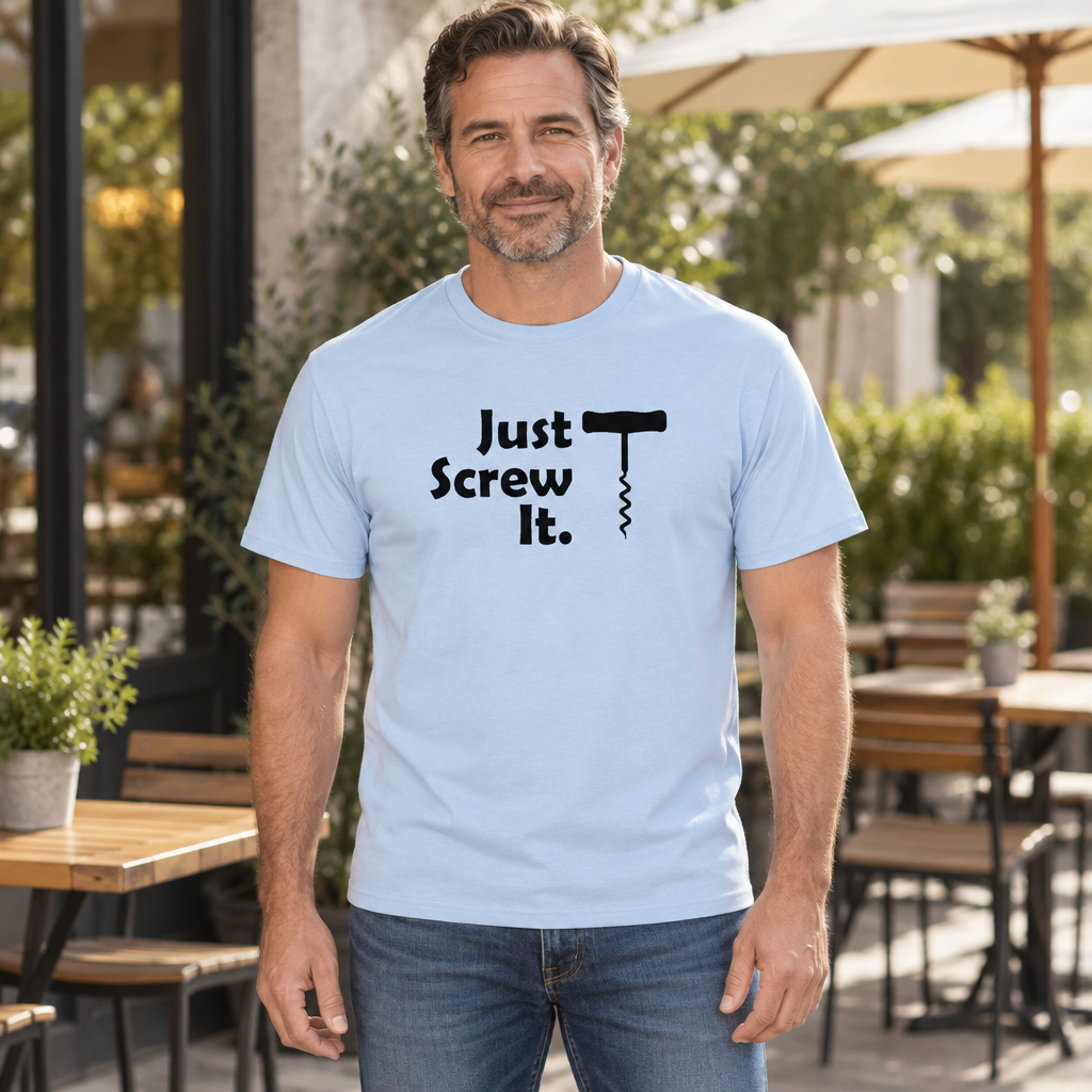 Just Screw It Corkscrew — Light Blue T-Shirt — lifestyle hero