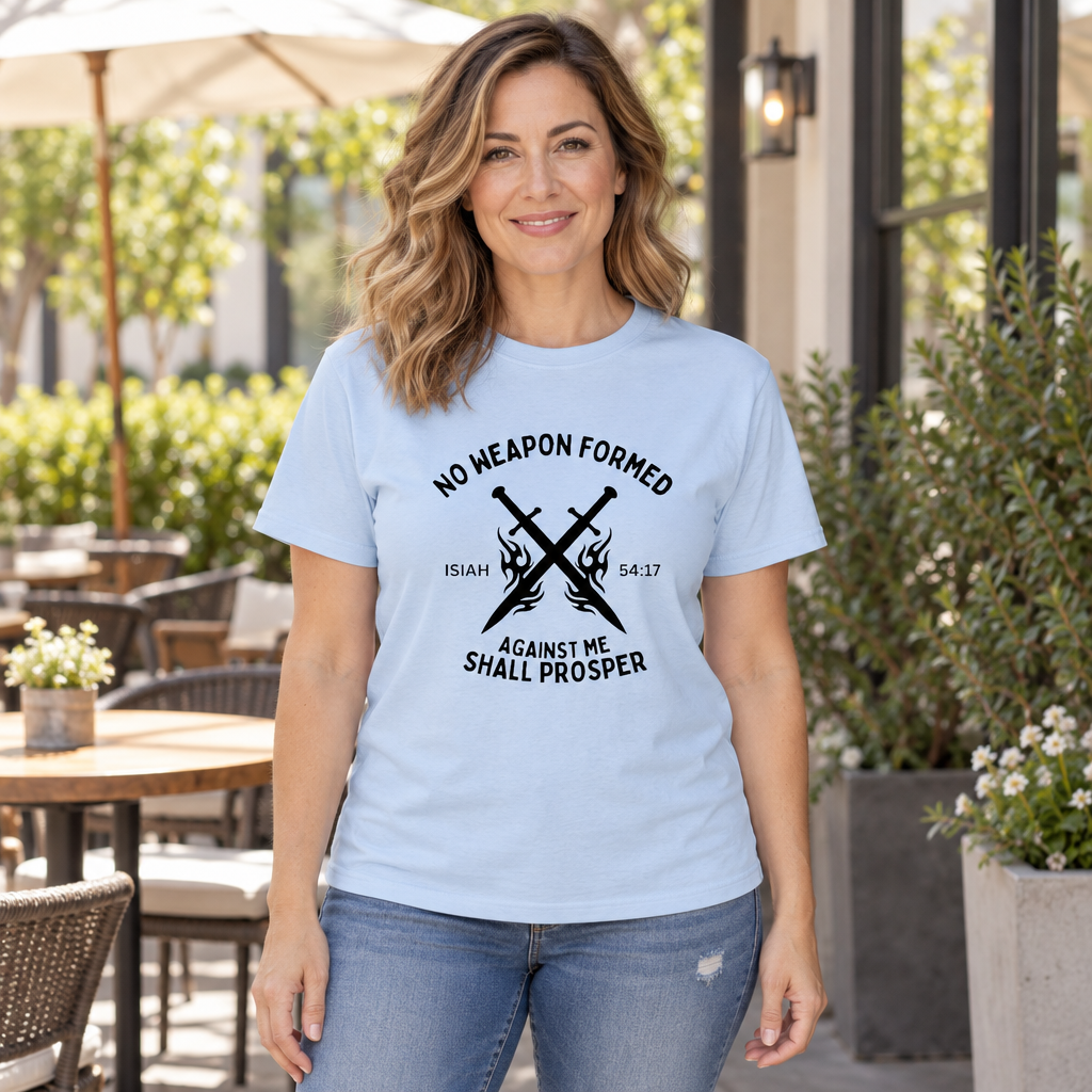 No Weapon Formed Against Me Shall Prosper Christian — Light Blue T-Shirt — lifestyle hero