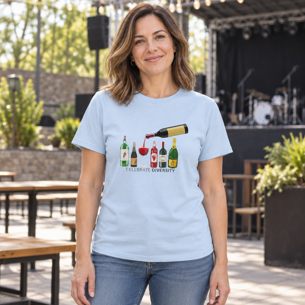 Celebrate Diversity Wine Bottles — Light Blue T-Shirt — lifestyle hero