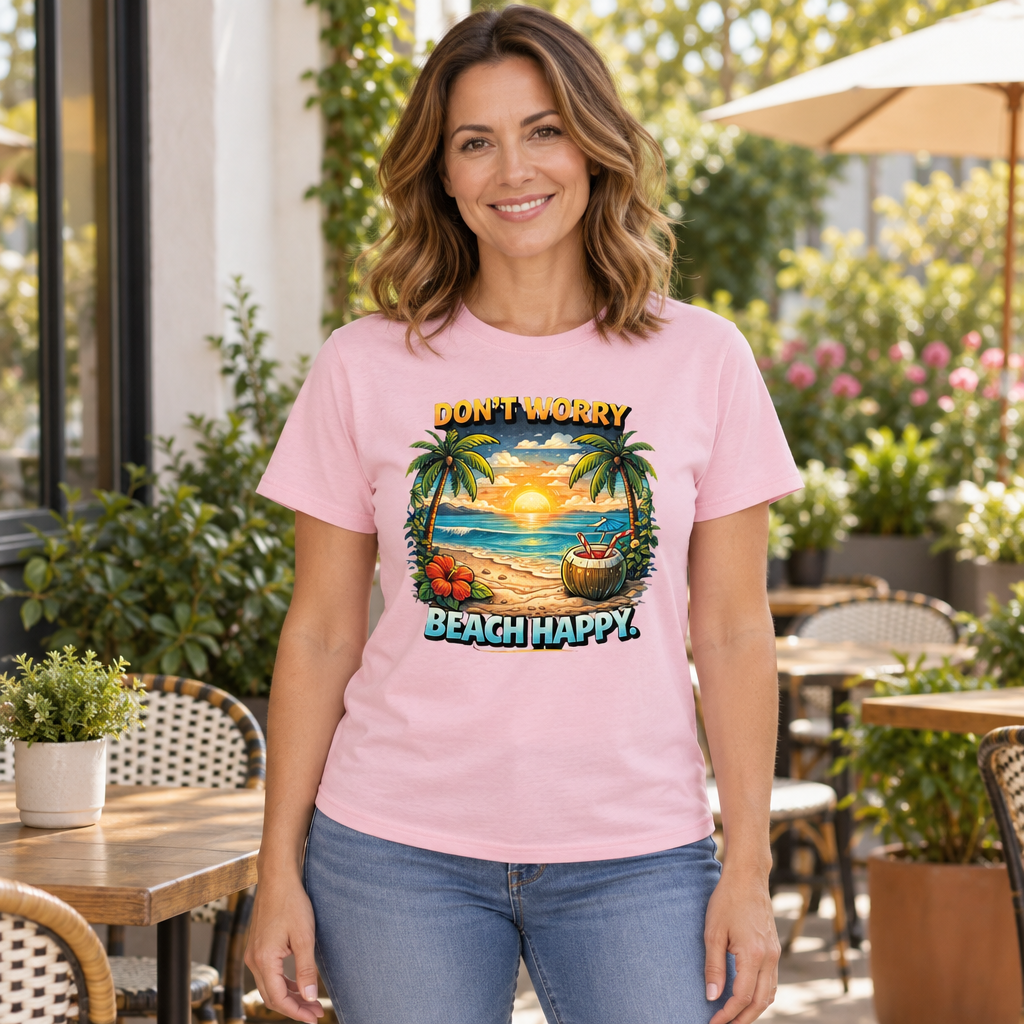Don't Worry Beach Happy — Light Pink T-Shirt — lifestyle hero