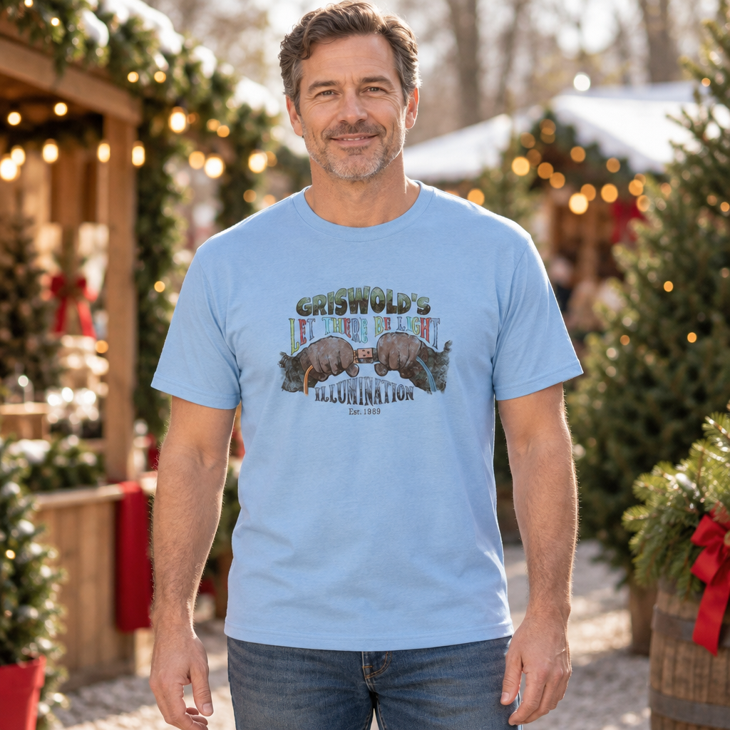 Griswold's Illumination Est. 1989 Funny Christmas — Light Blue T-Shirt — lifestyle hero