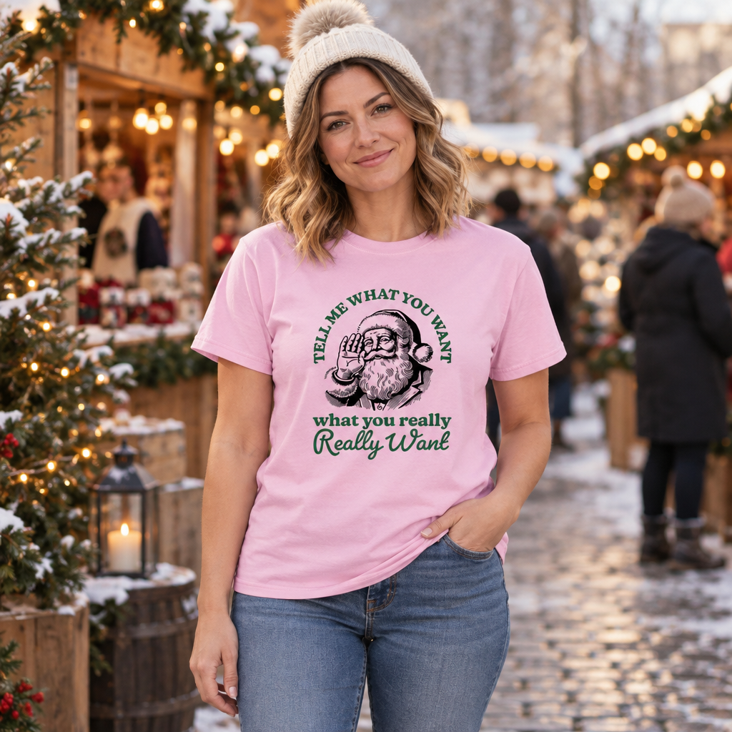 Santa Tell Me What You Want — Light Pink T-Shirt — lifestyle alt