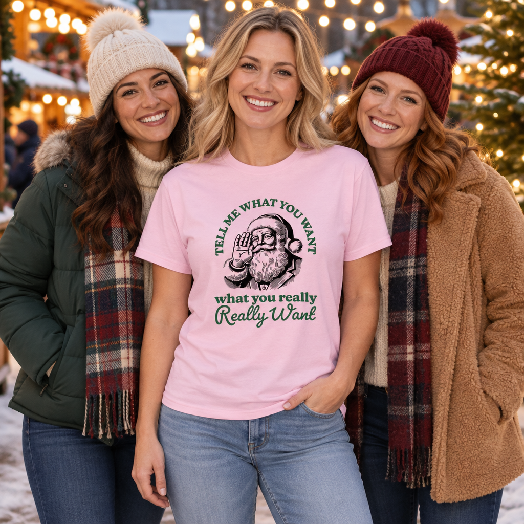 Santa Tell Me What You Want — Light Pink T-Shirt — lifestyle group
