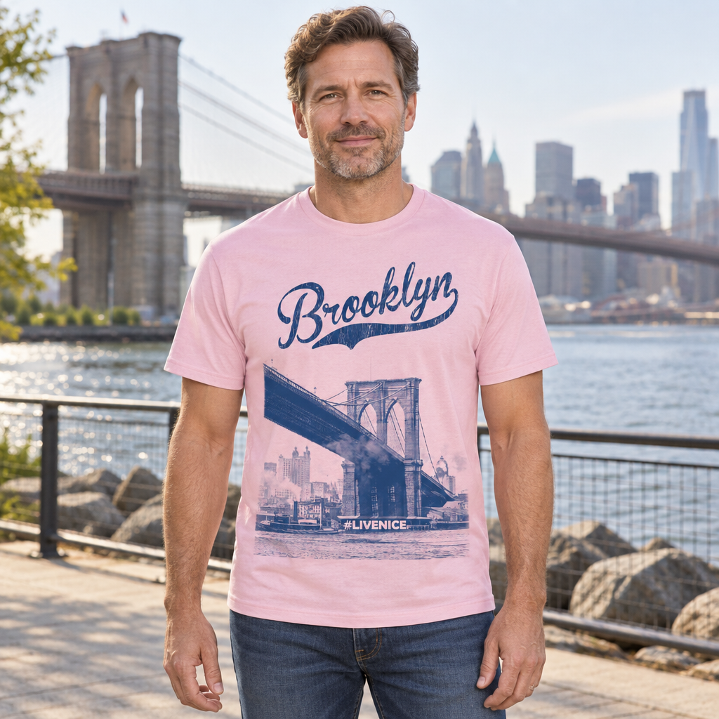 Brooklyn Bridge Skyline — Light Pink T-Shirt — lifestyle hero
