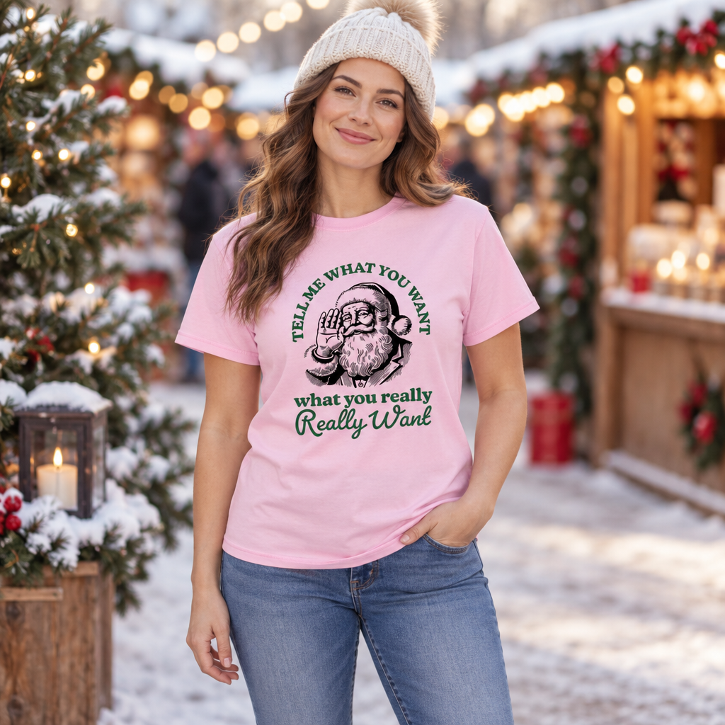 Santa Tell Me What You Want — Light Pink T-Shirt — lifestyle hero