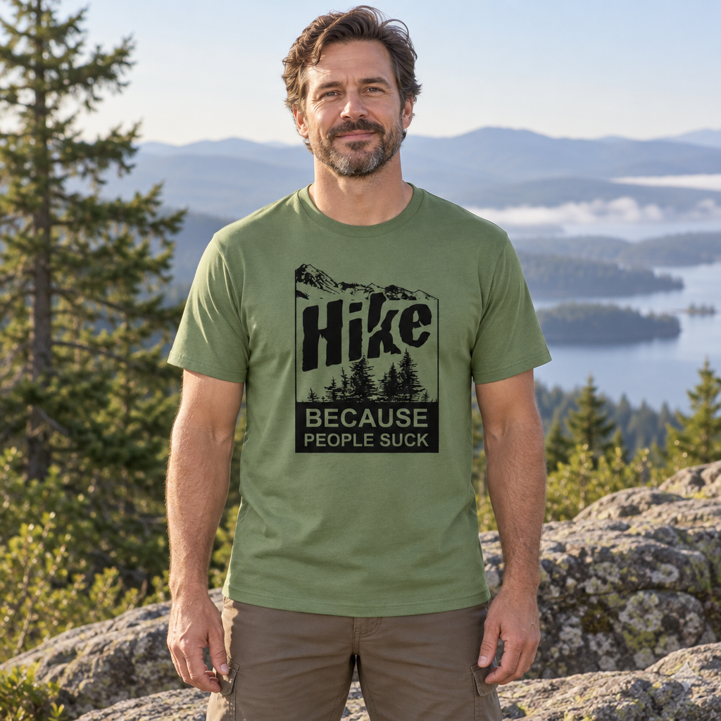 Hike Because People Suck — Military Green T-Shirt — lifestyle hero