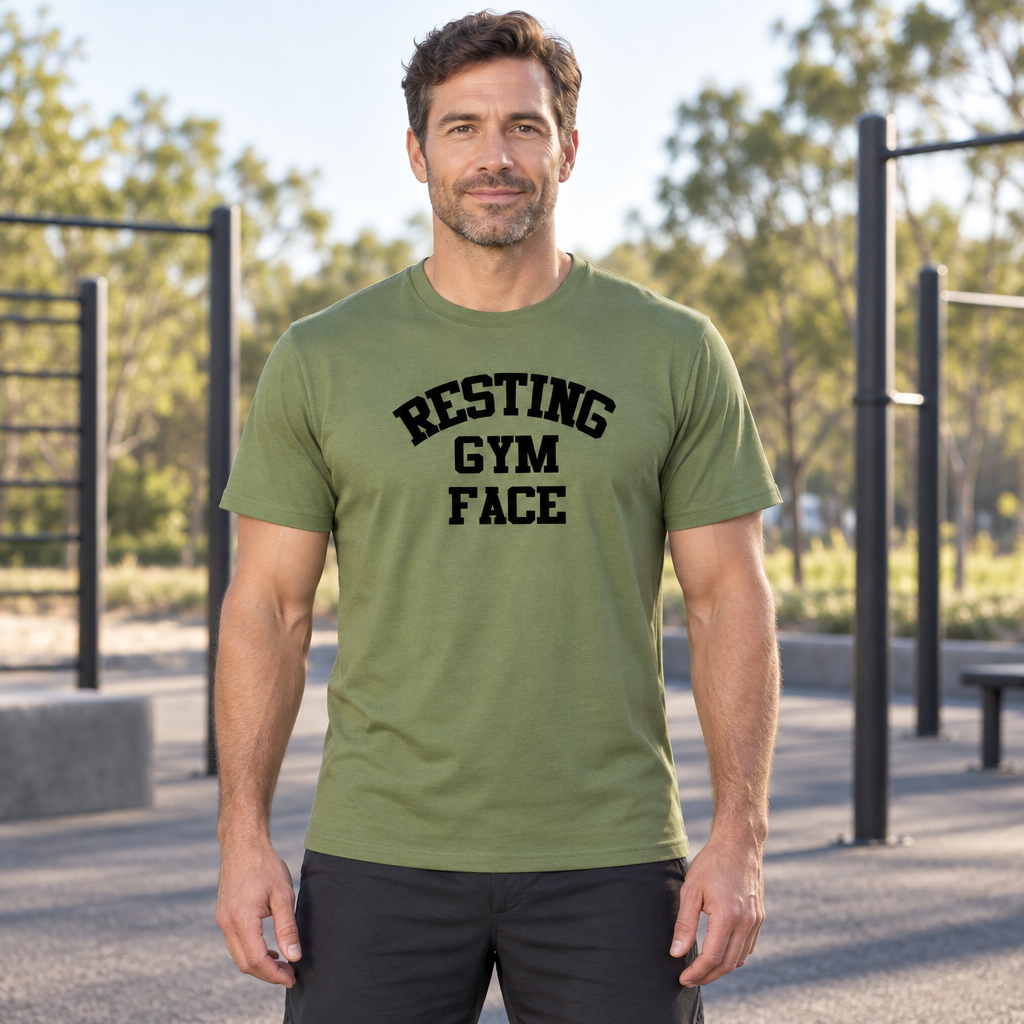 Resting Gym Face — Military Green T-Shirt — lifestyle hero