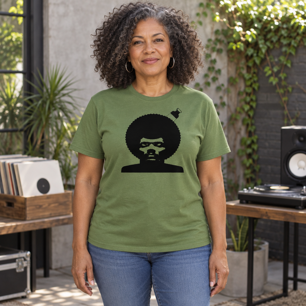 Afro Face and Pick — Military Green T-Shirt — lifestyle hero
