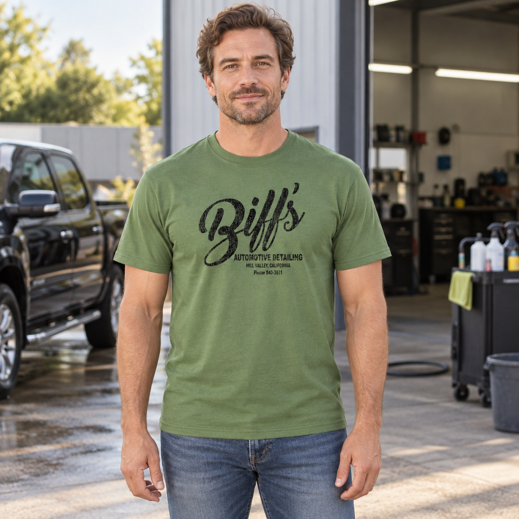 Biff's Automotive Detailing — Military Green T-Shirt — lifestyle hero