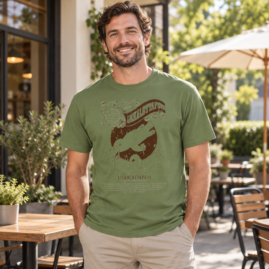 Lickalottapuss — Military Green T-Shirt — lifestyle hero