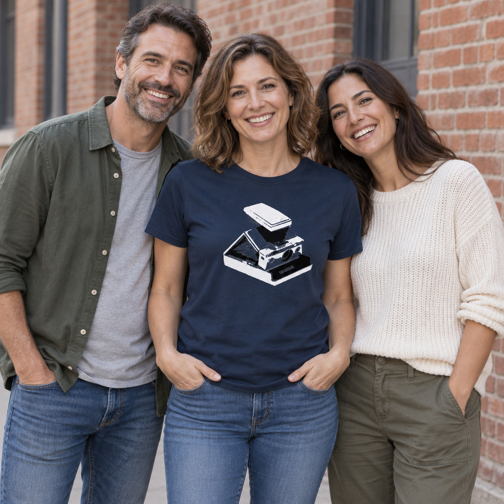 Vintage Instant Camera — Navy T-Shirt — lifestyle group