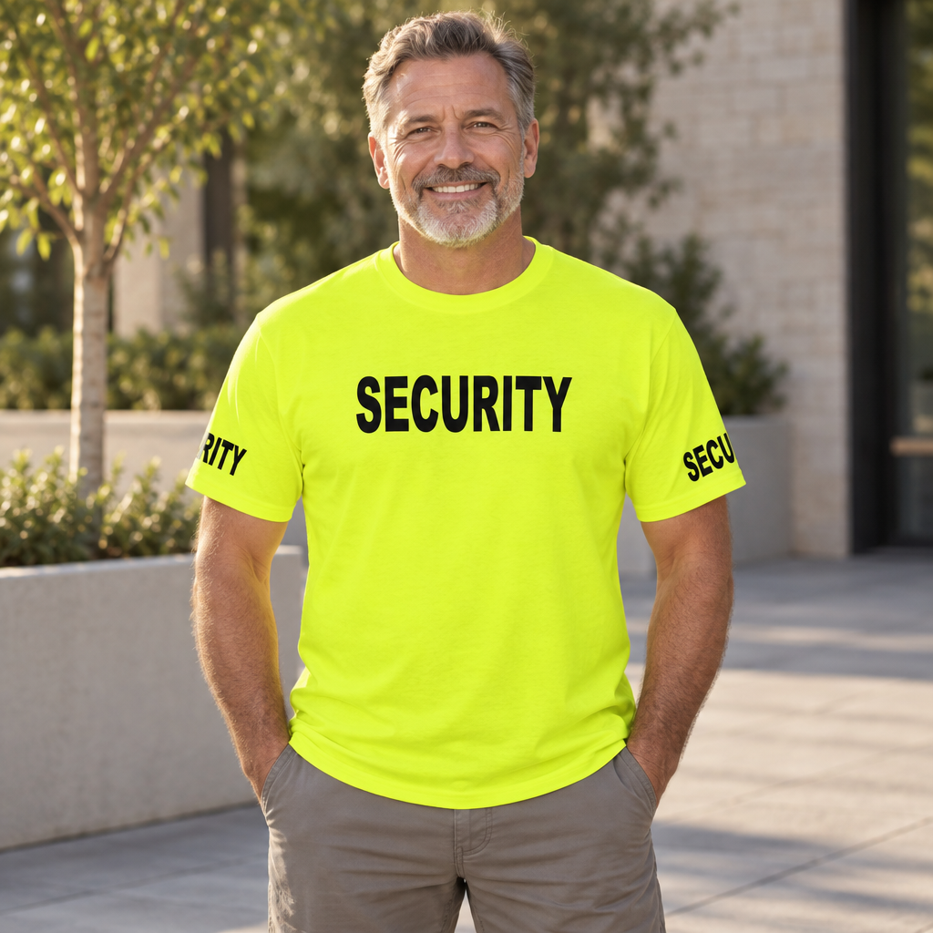 Security Front and Sleeve Print — Safety Green T-Shirt — lifestyle alt