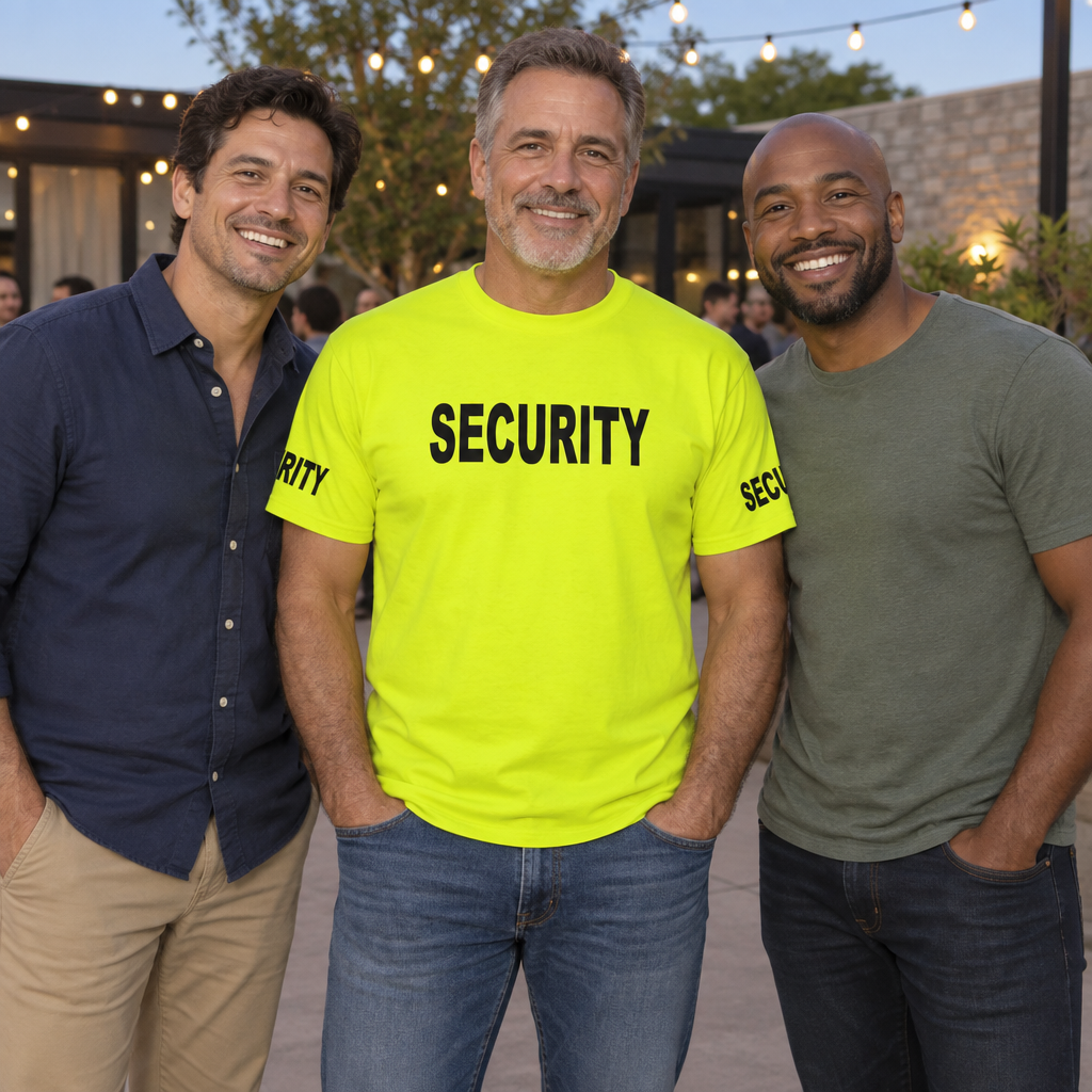 Security Front and Sleeve Print — Safety Green T-Shirt — lifestyle group