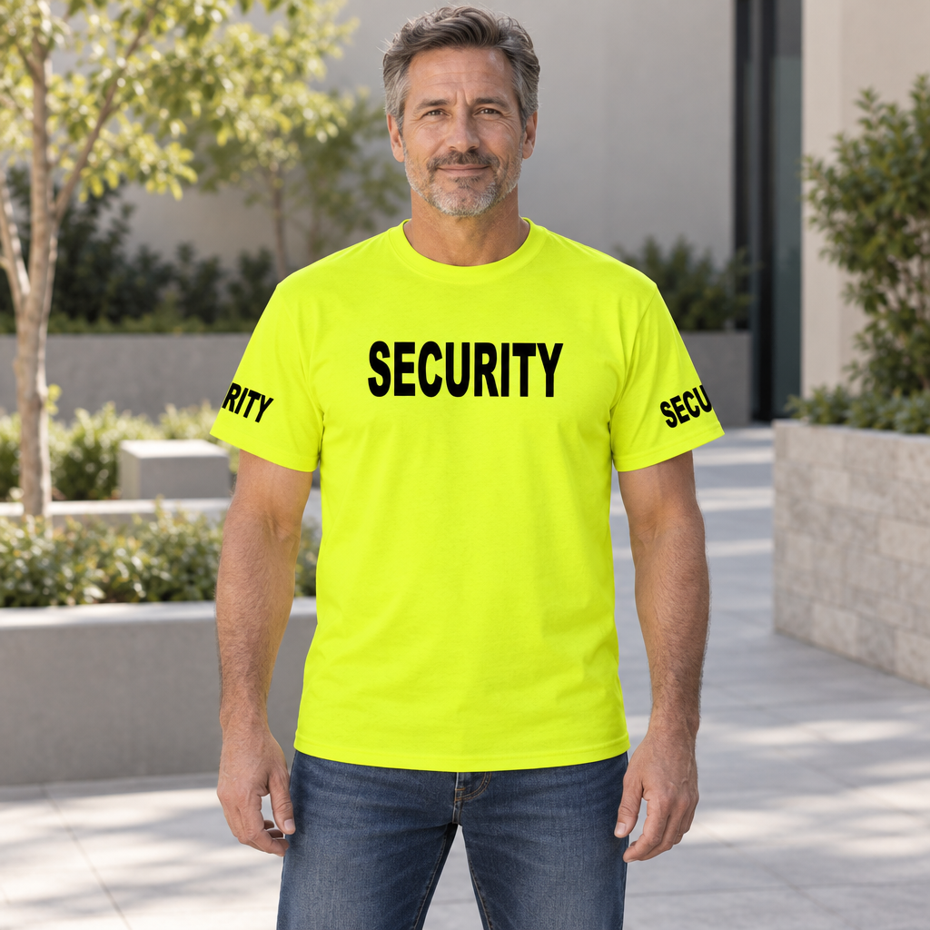 Security Front and Sleeve Print — Safety Green T-Shirt — lifestyle hero