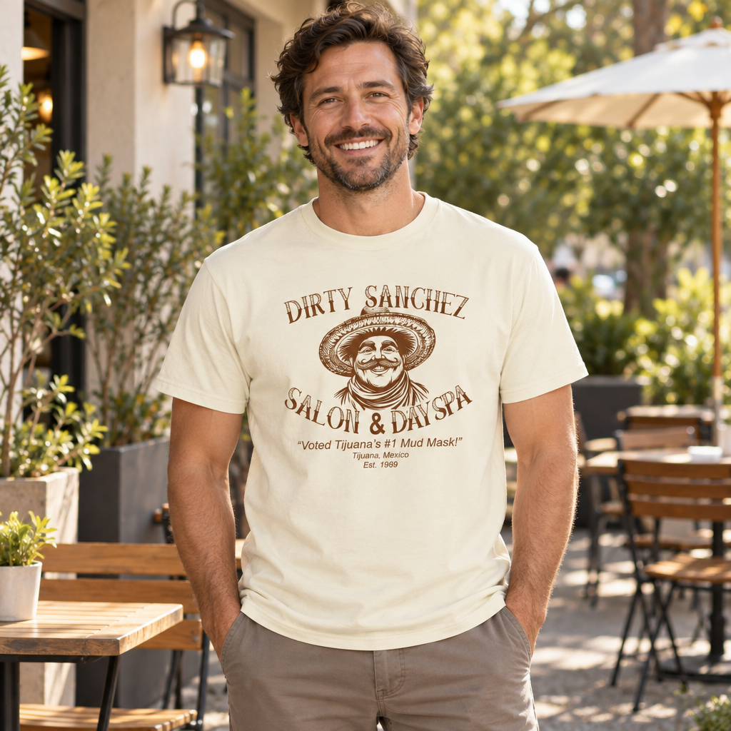 Hilarious Satire Dirty Sanchez Salon & Day Spa — Off White T-Shirt — lifestyle alt