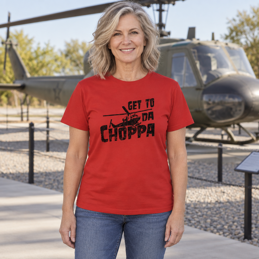 Get to Da Choppa — Red T-Shirt — lifestyle hero