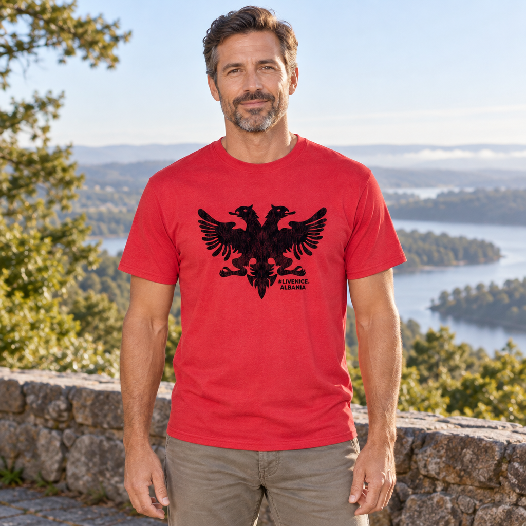 Albanian Double-Headed Eagle — Red T-Shirt — lifestyle hero