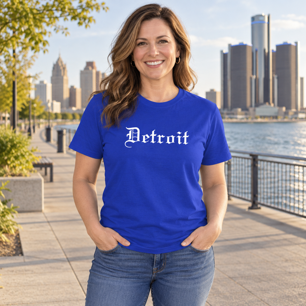 Detroit Gothic Lettering — Royal Blue T-Shirt — lifestyle alt