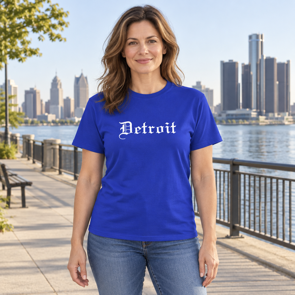 Detroit Gothic Lettering — Royal Blue T-Shirt — lifestyle hero
